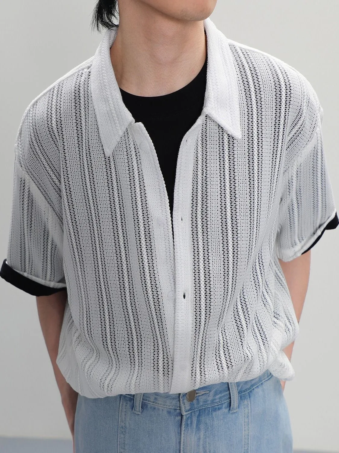 

Men's Summer Lightweight Loose ort Sve irt Hollow out Faionable Casual Luxury Drape Ice Silk Beach irt Top