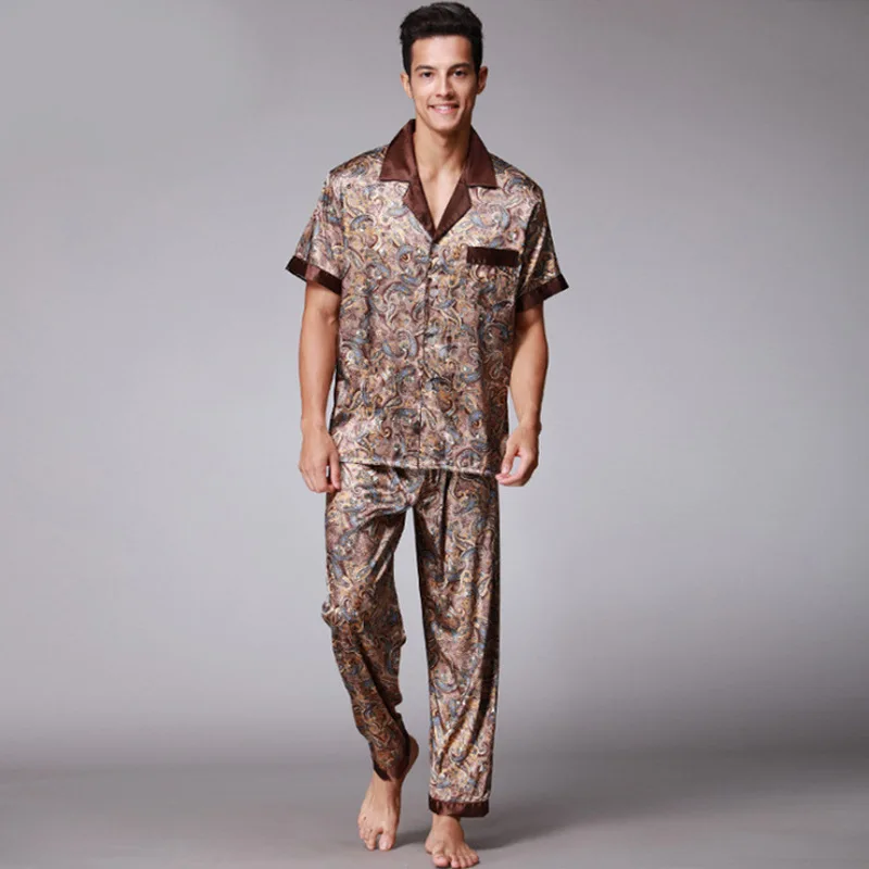 Satin Printed 2PCS Pajamas Summer Short Sleeved Home Wear Loose Loungewear Fashion Lapel Sleepwear Men's Casual Nightwear