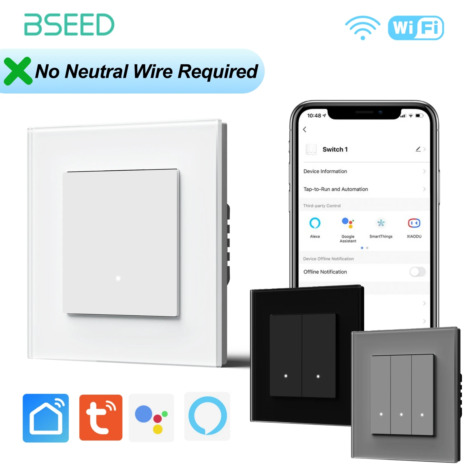 

BSEED Wifi Click Switch No Need Neutral Wire Required Wall Smart Light Switches Glass Frame EU Standard For Tuya Alice Alexa