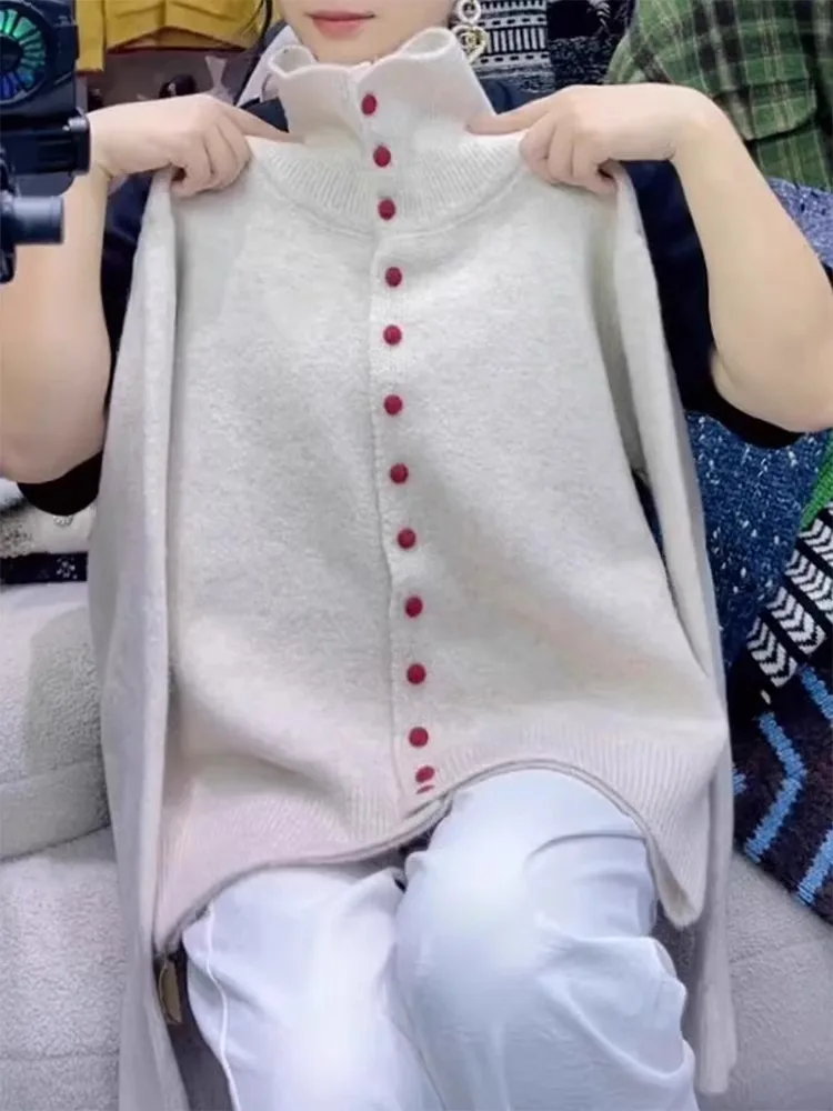 

Женский трикотажный кардиган с высоким воротником на пуговицах, длинный шерстяной свитер свека, осенне-зимняя внутренняя одежда, мягкий уютный топ для пальто
