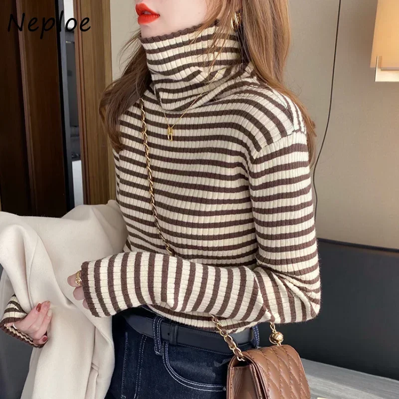 Neploe Vintage Knitted Pullover Pull Femme Turtleneck Women Stripe Contrast Color Long Sleeve Jumpers Jersey Mujer Sweaters