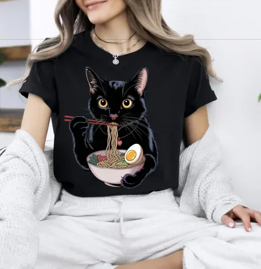 

Футболки с черными кошками, толстовки для любителей кошек, футболки с кошками-лапшочками, футболки с кошками-раменами, футболки для любителей еды, ретро-футболки, футболки с черными кошками