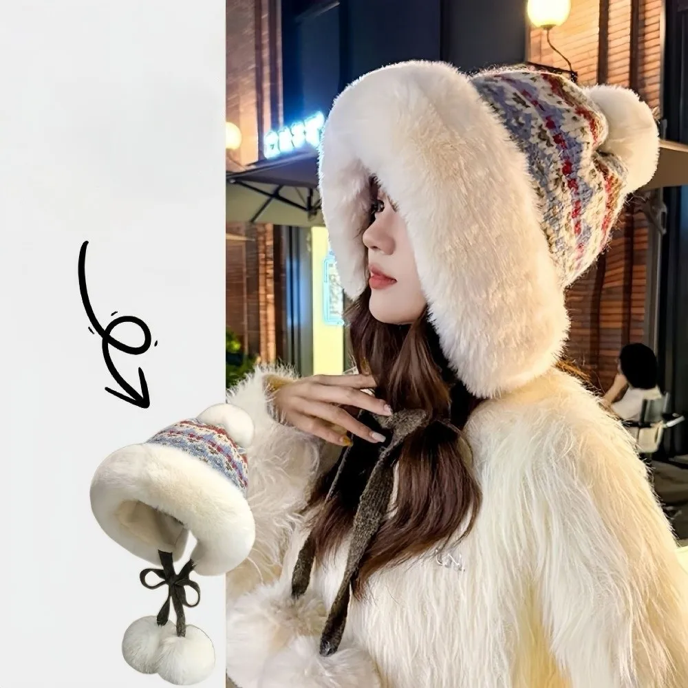 

New Knitted Knitted Hat Warm Pompom Pullover Cap Windproof Coldproof Ear Protection Hat Outdoor Sports