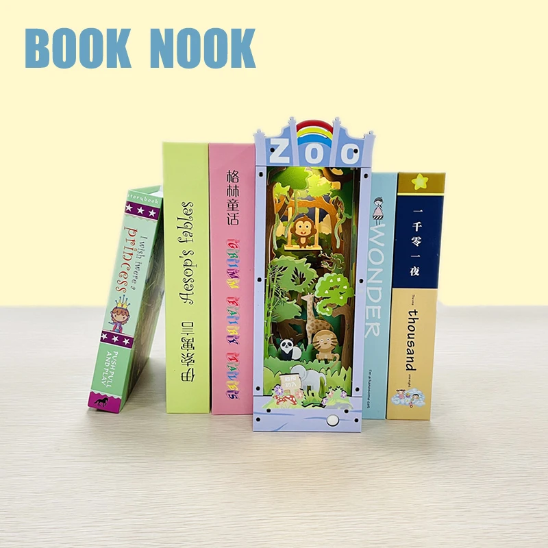 

DIY Wooden Book Nook Zoo City Trains Model Bookend Bookshelf Insert Bookcase Handmade Craft Toys for Children Birthday Gift Casa