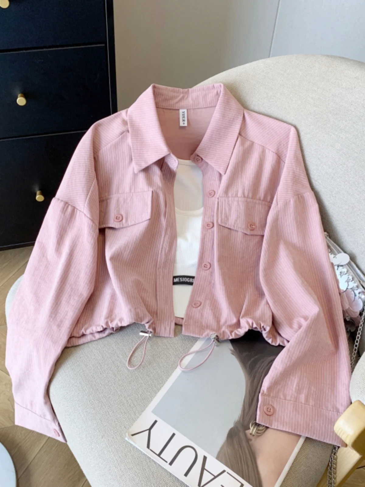 

Korean Sle Women's Striped Open Cardigan irt Dstring Loose ort Outerwear Spring Design Sense Top