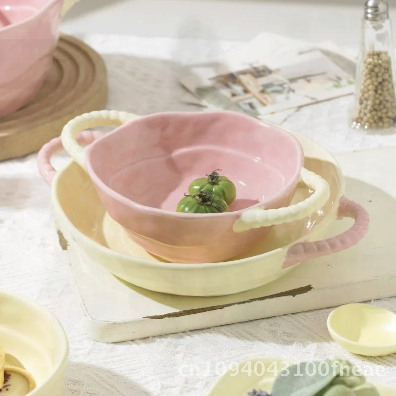 وعاء سيراميك متطابق الألوان مع مقبض - وعاء زبادي فواكه مستدير على الطراز الشمالي عالي الجودة آمن للاستخدام في الميكروويف