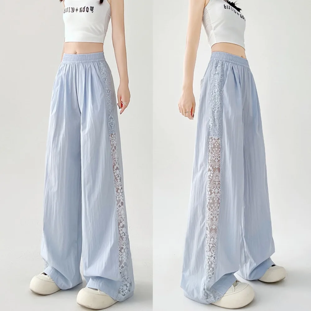 Summer Hollow Lace Casual Pants High Waist Solid Color Wide Leg Pants Breathable Loose Fit Straight Pants