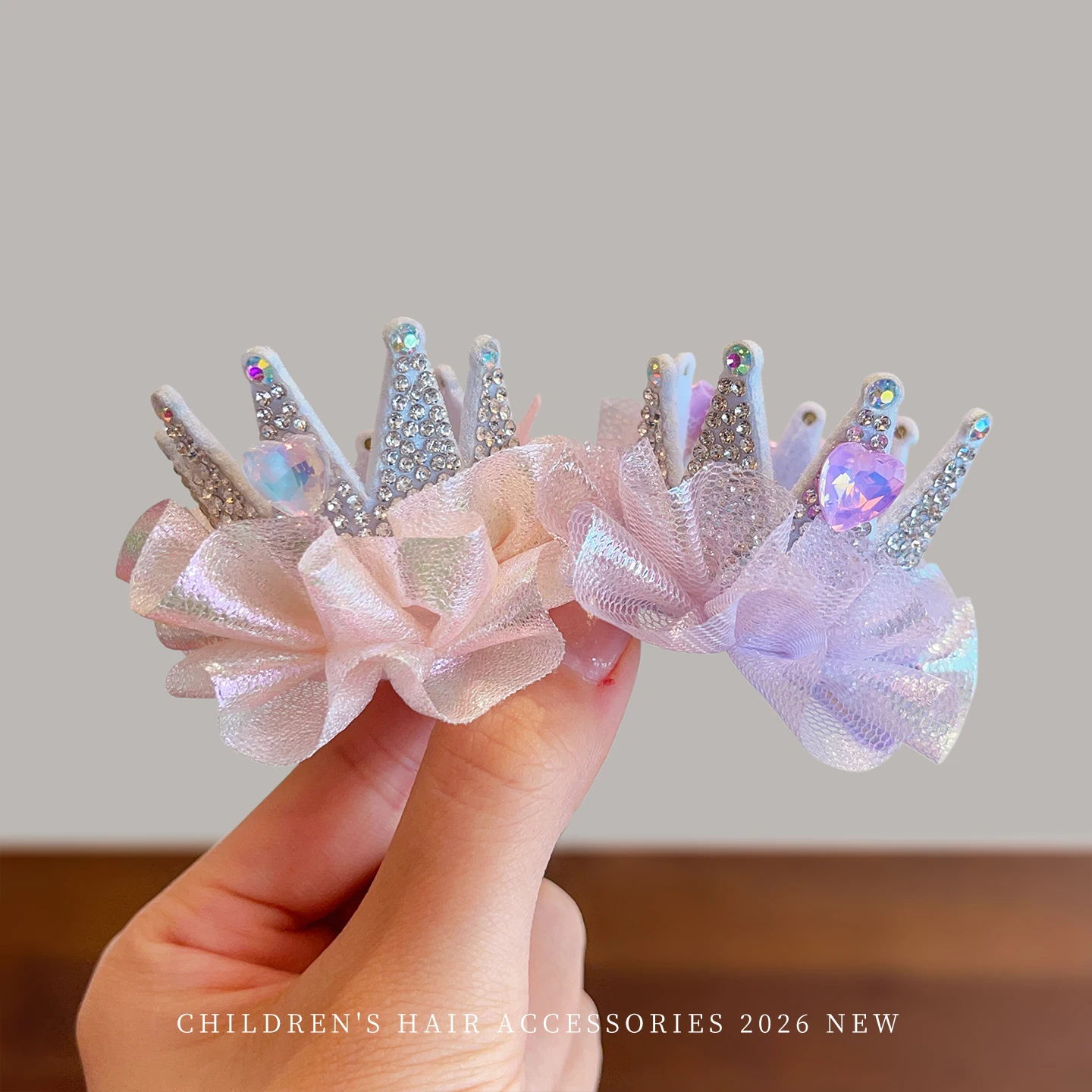 2026 Neue Strass-Prinzessinnen-Kronen-Haarspangen mit schillernder Tüllschleife, schonende Haarclips für Baby-Mädchen und Kleinkinder zur Geburtstagsfeier – Detail 4