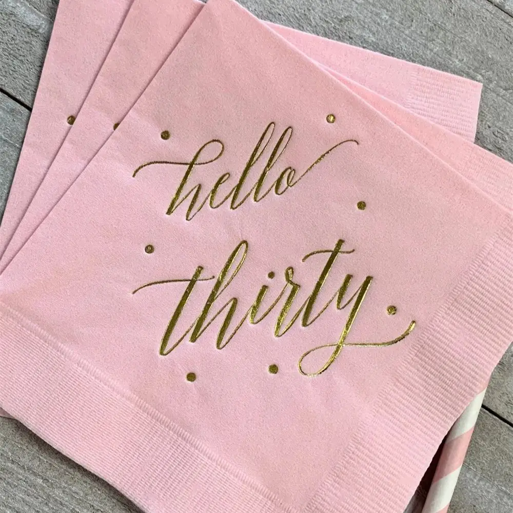 Hello Thirty Classic Pink w/Gold Foil Cocktail Beverage Napkins 3 Ply Happy Birthday 30th Hello 30 Thirtieth Gold Foil - Quantit