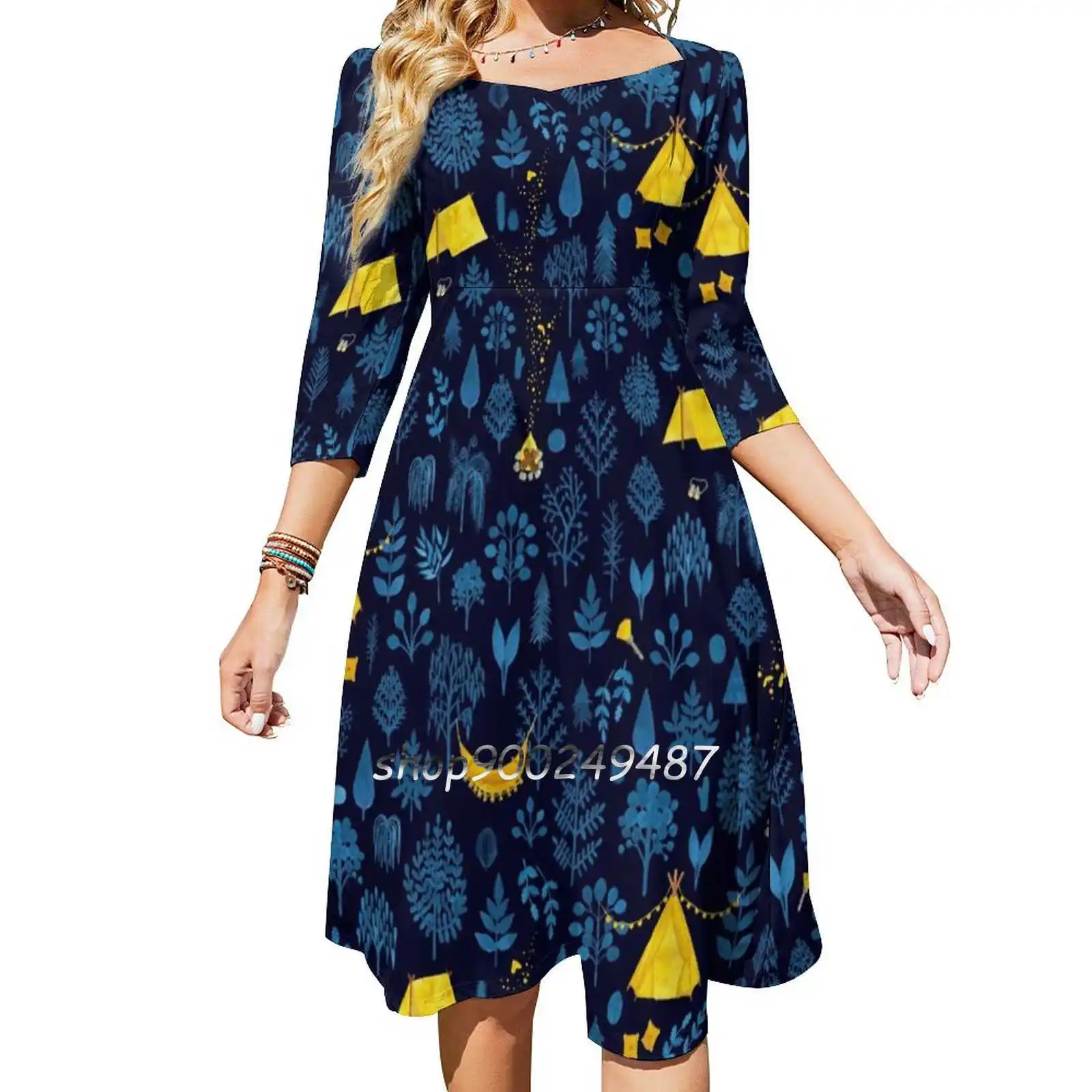 Glamping-Navy Sweet Elegant Dress Women Korean Kawaii Square Collar Dress Make Merriness Camping Glamping Outdoors Tent Forest