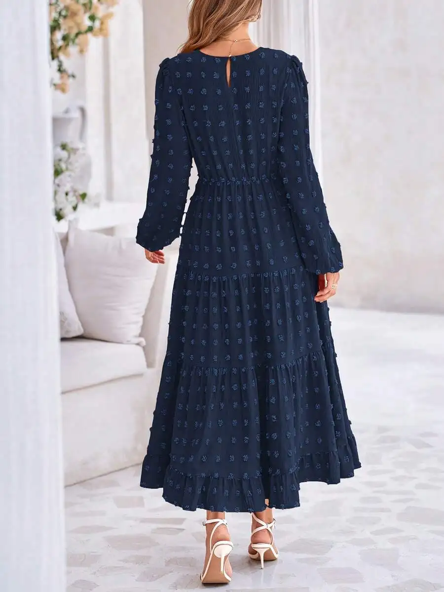 

Womens Elegant Long Sleeve Tiered Maxi Dress With Polka Dot Pattern For Spring Autumn Casual Party Wedding