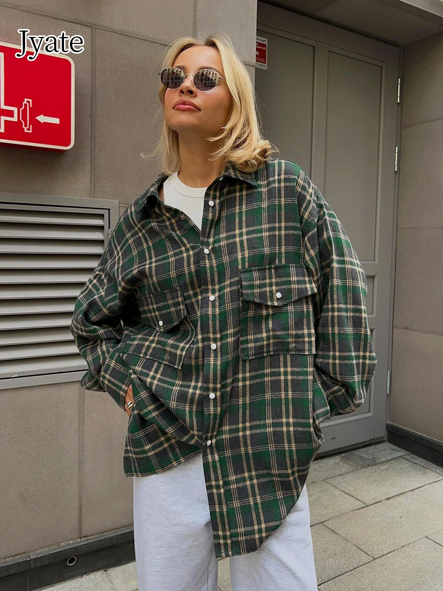 

Jyate Checkered Women's Shirt American Double Pockets Lapel Long Sleeve Shirts Spring Vintage Mid Length Blouse Street Clothes