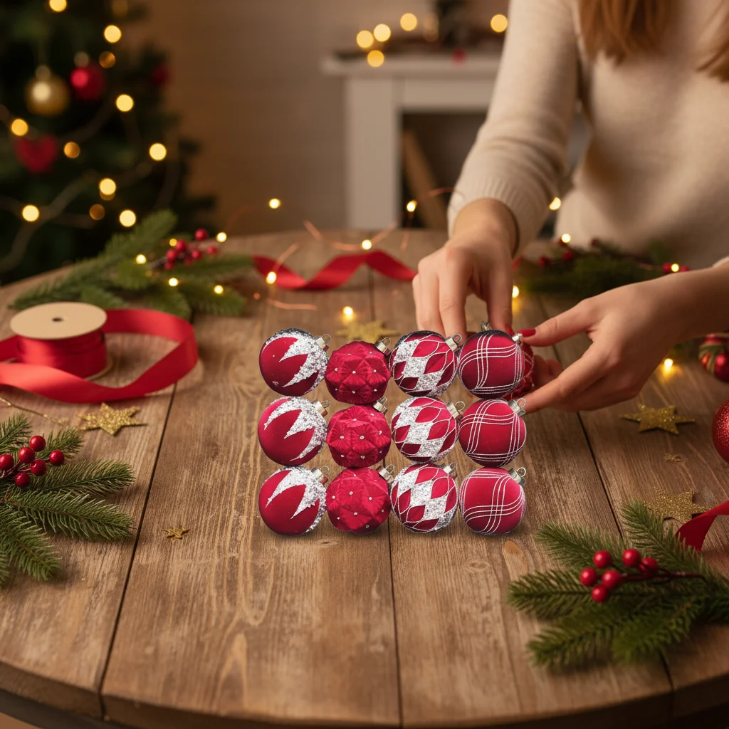 

8CM 12PC Flocked Christmas Ball Ornaments Set Christmas Trees Ball Hanging Decoration New Year's Eve Decorations Kids Gifts 2025