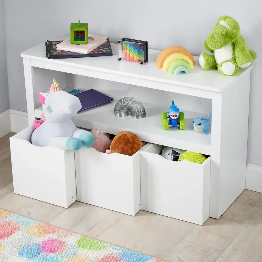 Kids Toy Storage Cabinet Rolling Bins White Finish Three Storage Shelf Wheels Organizer Safety Rounded Edges Toy Games Craft