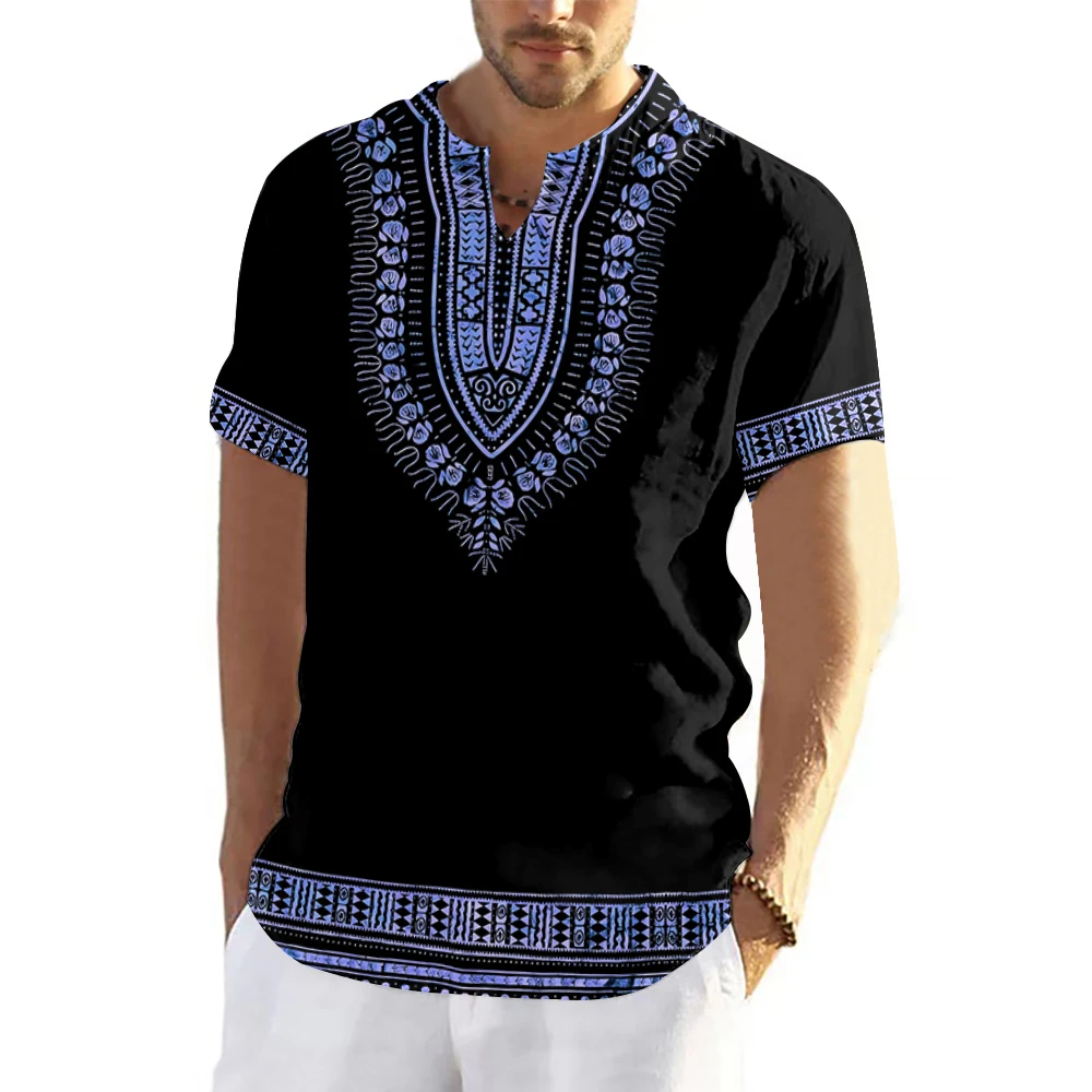 Fashion V-neck Traditional Men\'s Tshirts Short Sleeve Dashiki 3D Print Men T shirt Oversized Culture African Men\'s Clothing