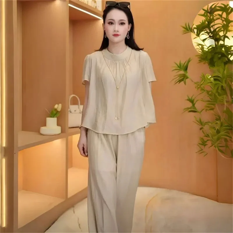 Fashion Ice Silk Wrinkle Short sleeved Set for Women\'s Summer New Skin Covering and Slimming Top Wide Leg Pants Two piece Set