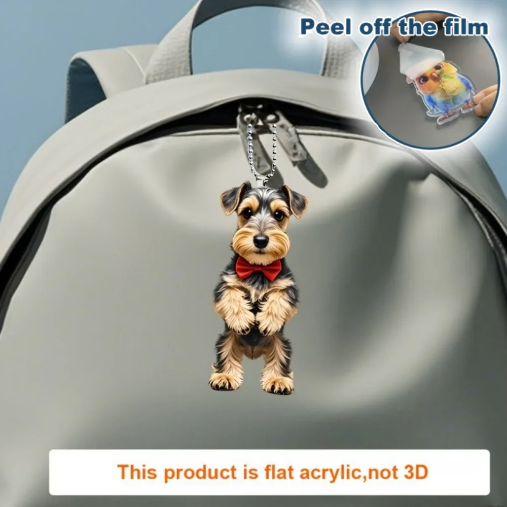 Cute Schnauzer-Patterned Pendant Keychain,Dog with Bow Tie 2D Flat Acrylic Hanging Charm,Decor for Car,Bags,Festive,Party,Gift