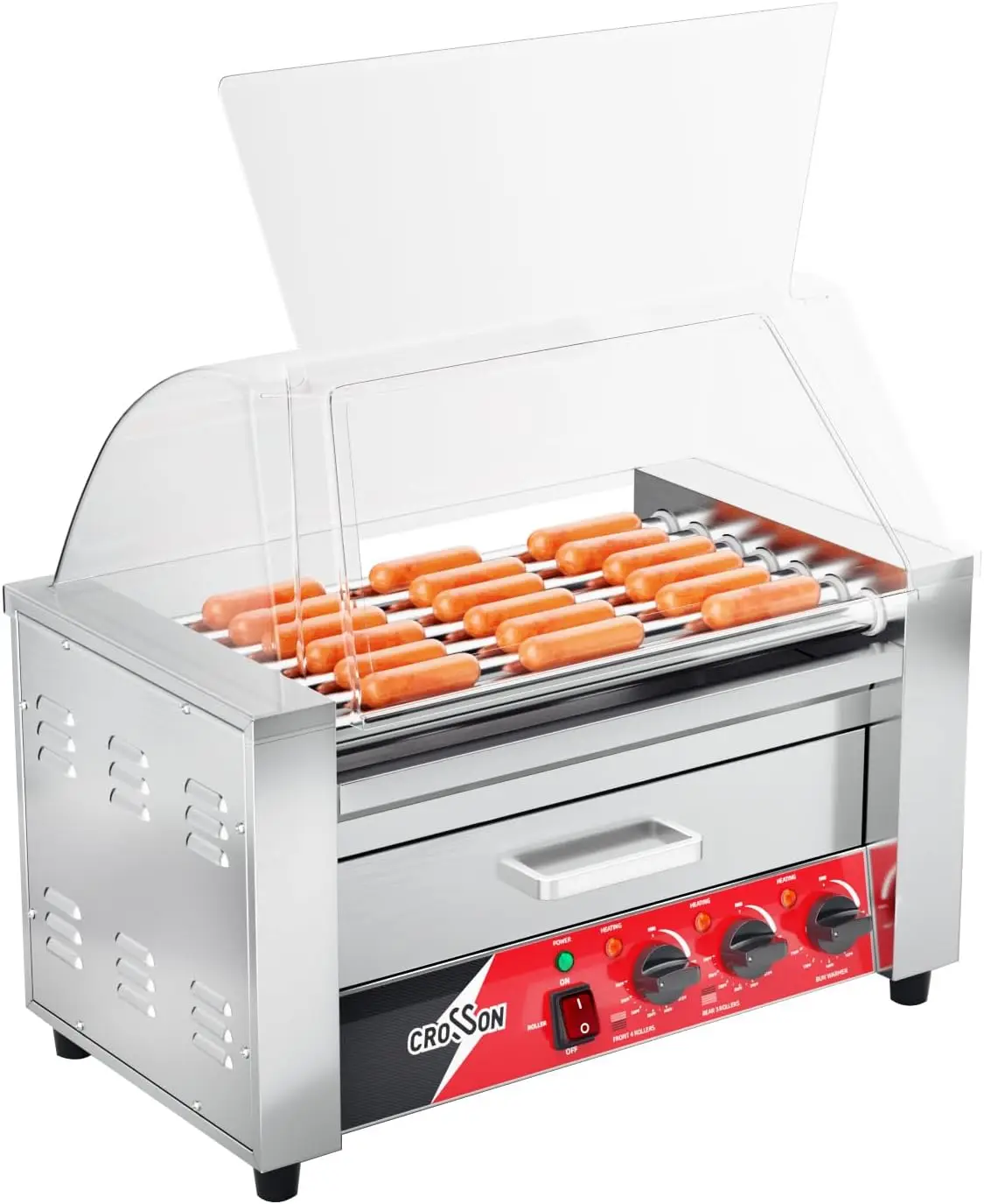 Hot Dog 7 Roller With Bun Warmer&Transparent Sneeze Guard,Commercial 7 Nonstick 304 Roller Grill Cooker Machine