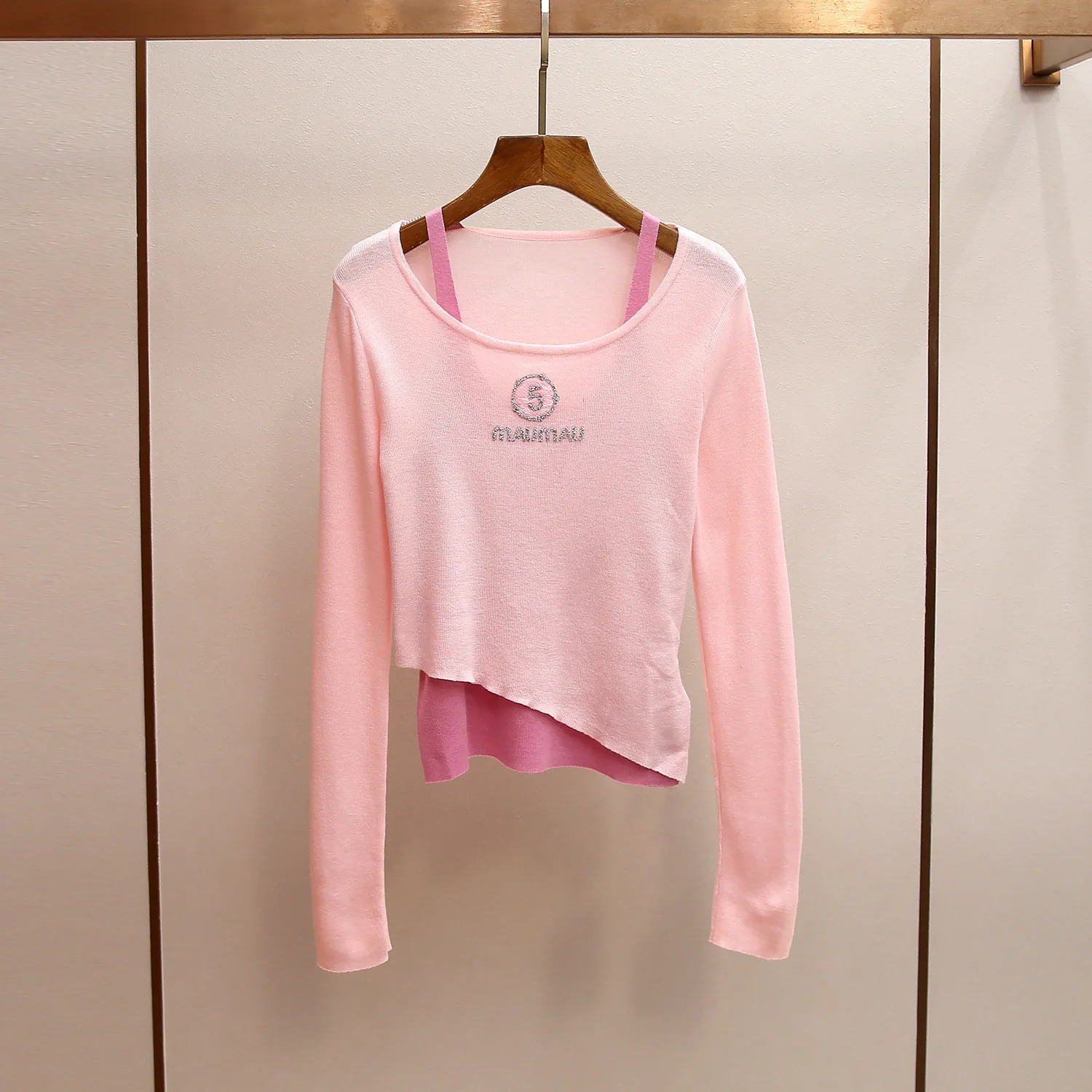 

MaSande Элитный женский вязаный топ с длинным рукавом и U-образным вырезом, розовый, в стиле Spicy Girl, имитация двухслойности, весна-лето, новинка