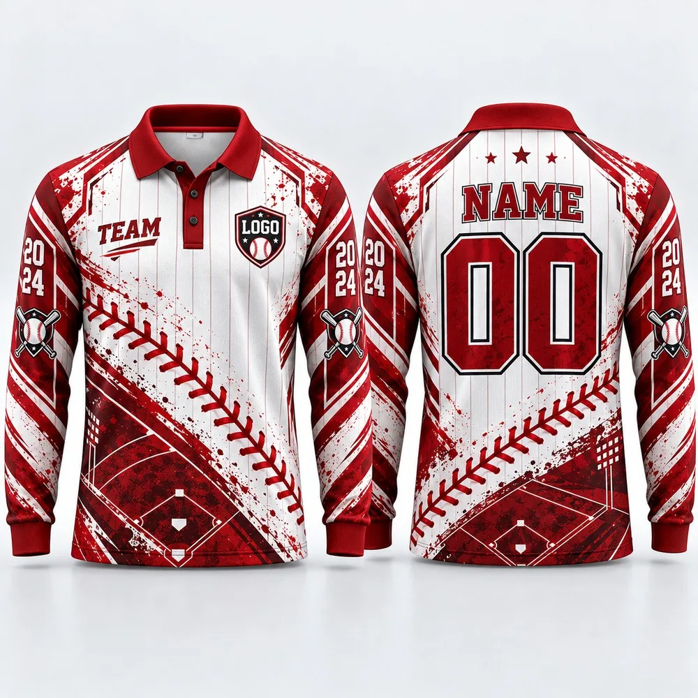 Custom Varsity Baseball Long Sleeve Polo Shirt for Men Name Number Logo Print Polyester Personalized Team Uniform Casual