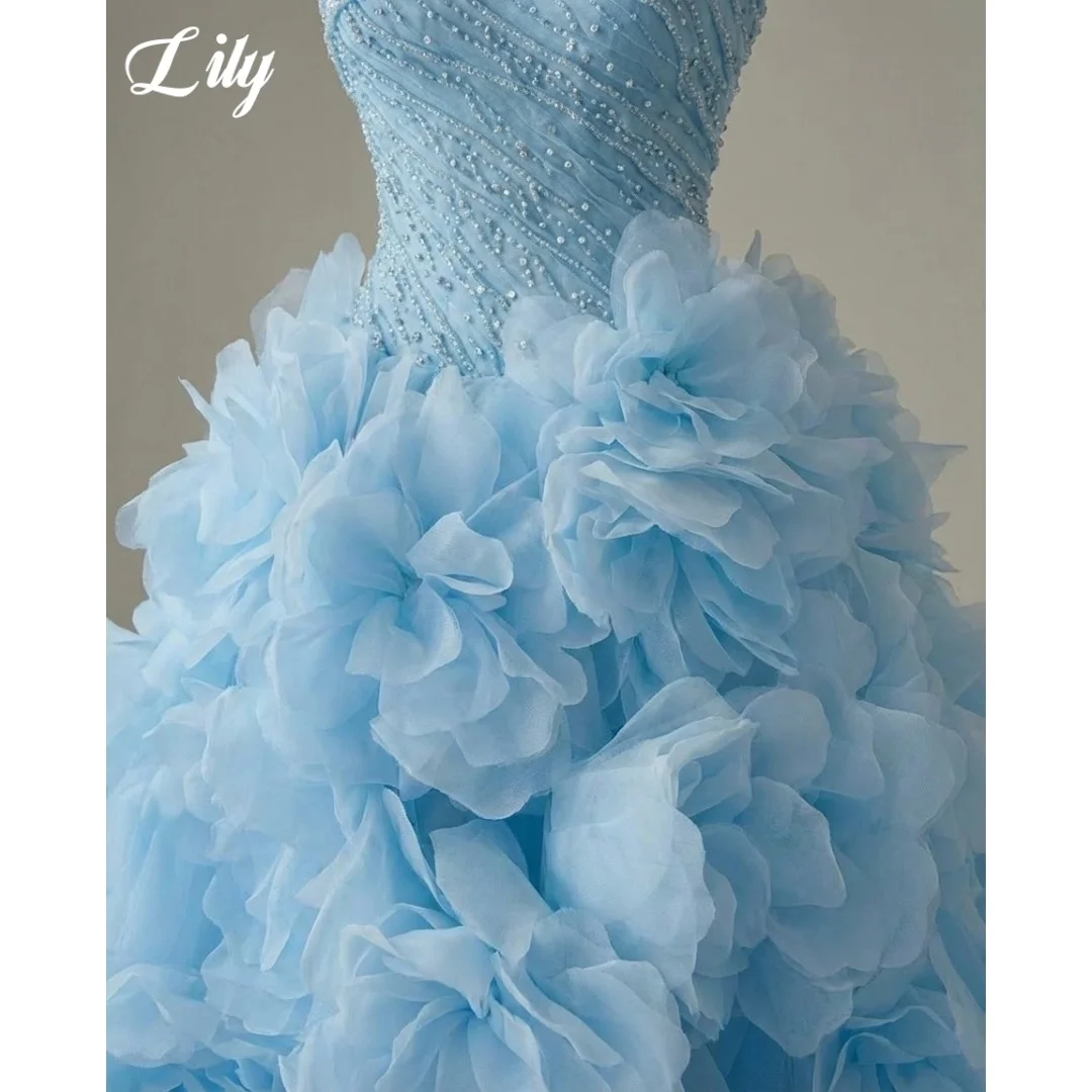 

Lily Sky Blue Prom Dress Ruched Beaded Evening Dress 3D Big Floral Organza Voluminous A Line Sweep Train Party Gown Customized