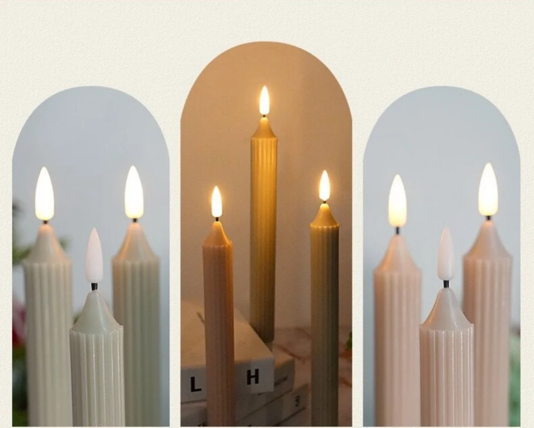 Set of 6 Flameless Taper Candles Flickering w/Remote Battery Operated LED Window Candles Striped paraffin real Wax 3D wick Flame