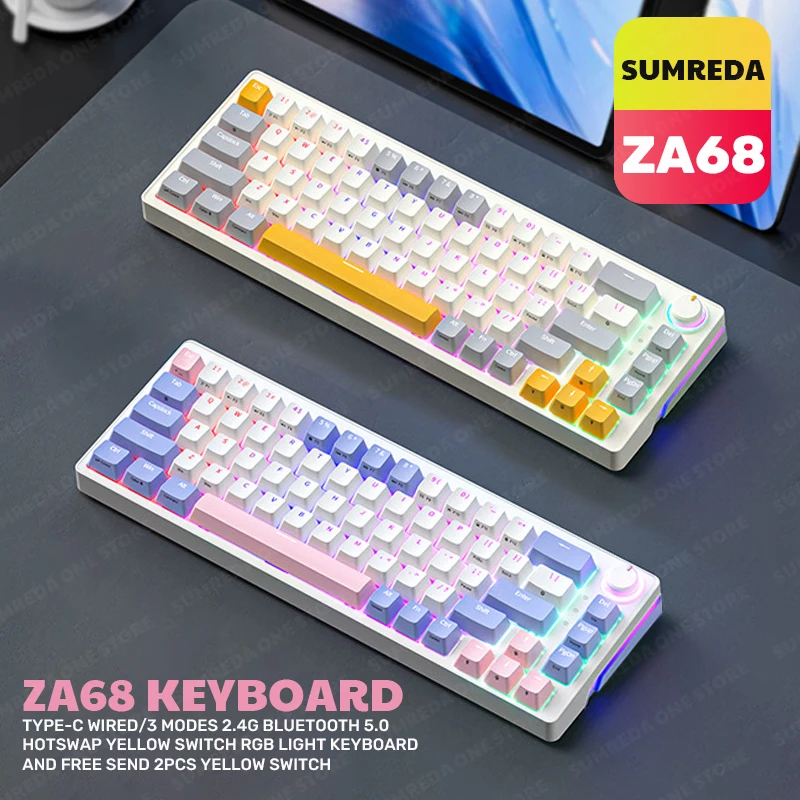 

SUMREDA ZA68 Mini Wireless Gamers Mechanical Keyboard 2.4G Bluetooth TYPE-C Wired Gaming Keyboard Hotswap RGB Backlit 68 Keys