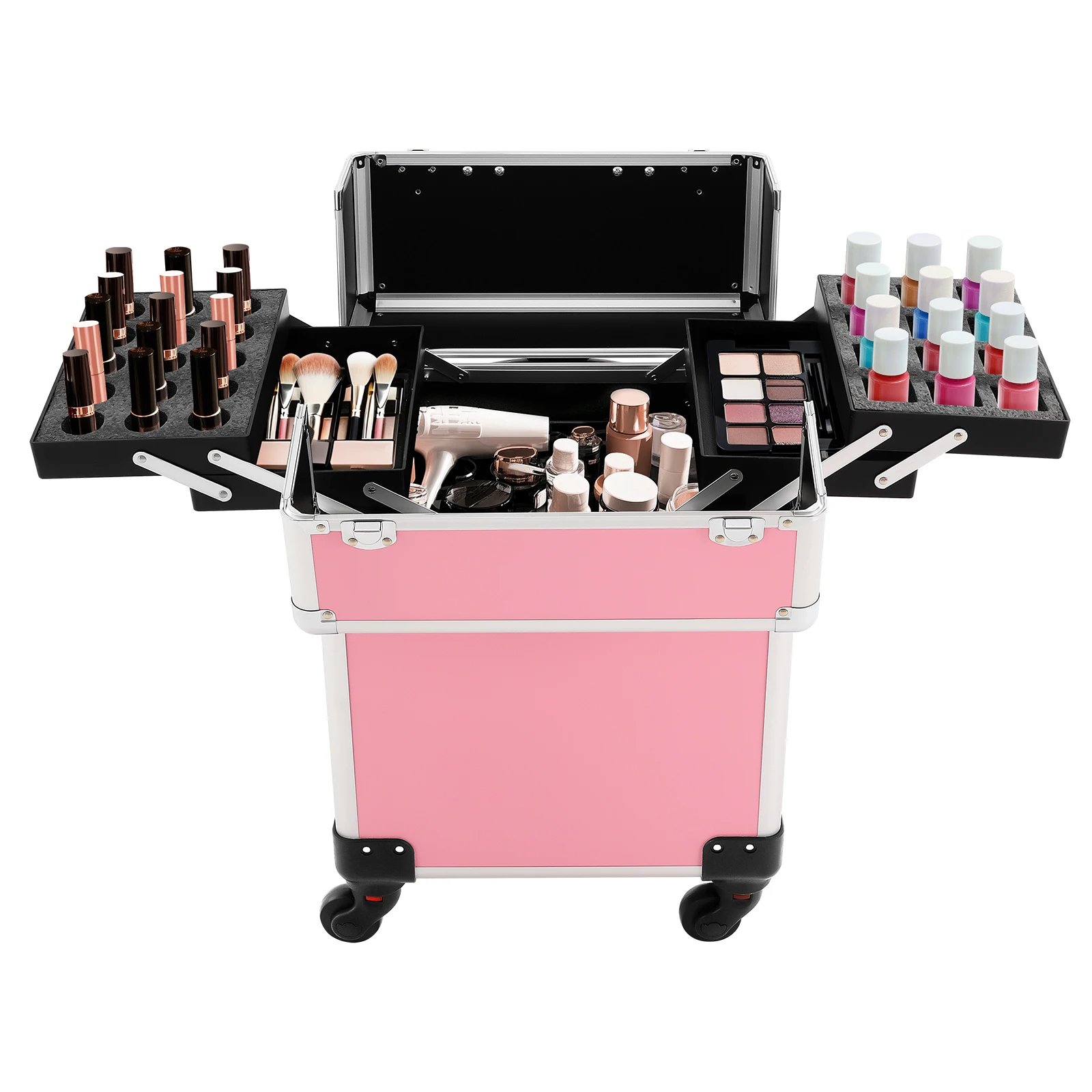 

Professional Rolling Makeup Train Case Aluminum Alloy Large Capacity Portable Makeup Storage Organizer Luggage