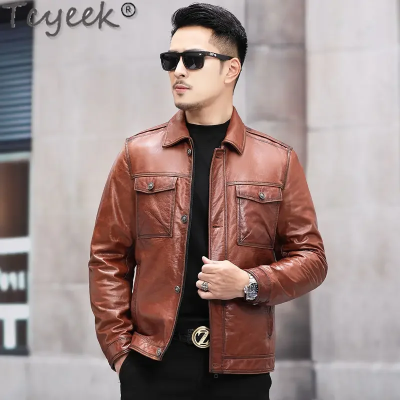 

Tcyeek Genuine Leather Man Jackets Business Casual Leather Coat Autumn Top Layer Cowhide Coats Men Clothing Jaqueta De Couro