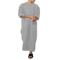 Islam Muslim Men's Thobe Comfy Long Sleeve Abaya, Loose Fit Solid Color Kaftan Clothing For All Seasons