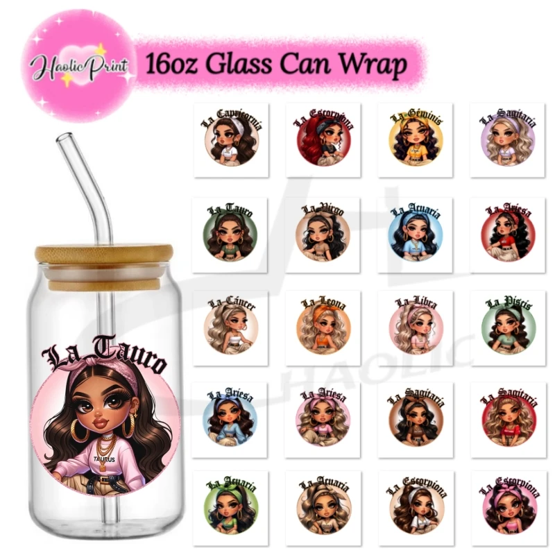 

Chicana Latina 4inch Decal 16oz Libbey Glass Can UV DTF Cup Wrap DIY UV DTF Transfer Senior 3D Sticker Horoscope