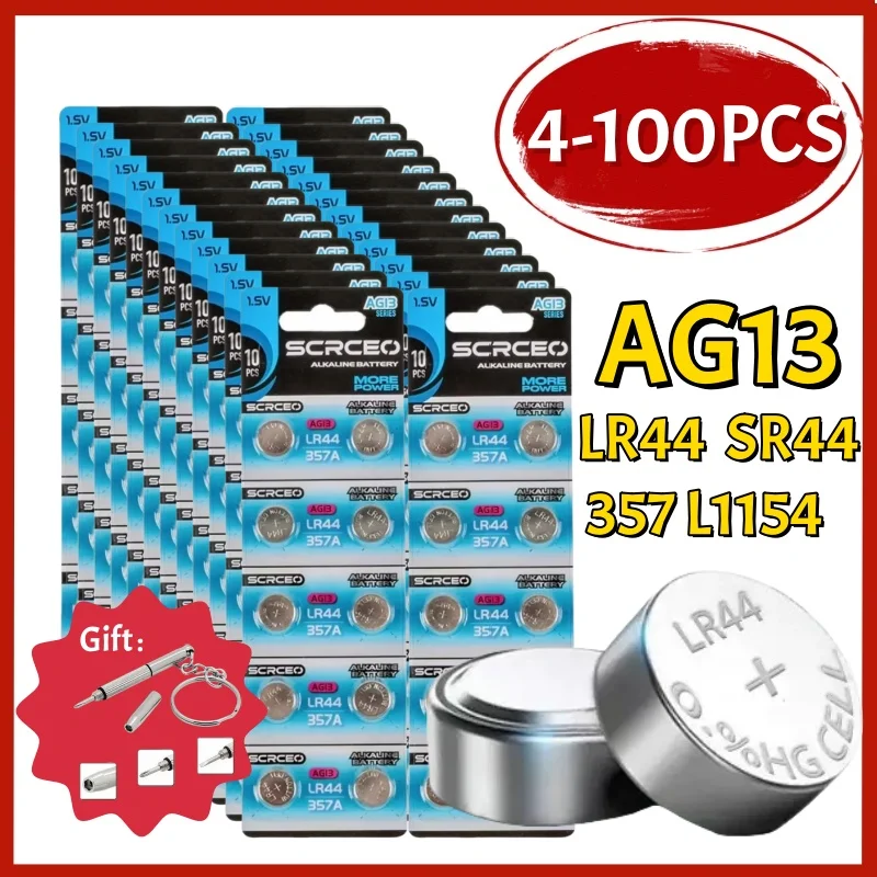4-100PCS AG13 LR44 A76 1.55V Button Batteries for Watch Toys Remote L1154 SP76 Pila SR44 LR1154 357 Cell Coin Alkaline Battery