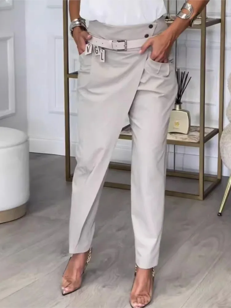 

2025 New Spring Asymmetric High Waisted Suit Pants For Women Fashion Chic Belt Straight Pants Casua Street Trousers Lady Bottoms