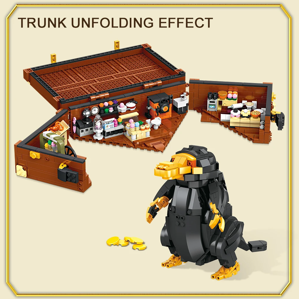 IN MAGAZZINO Scuola di Hogwarts Anime mondo magico valigia Niffler moc harry Building Block modello giocattolo regali Natale set bambini 1404 pezzi