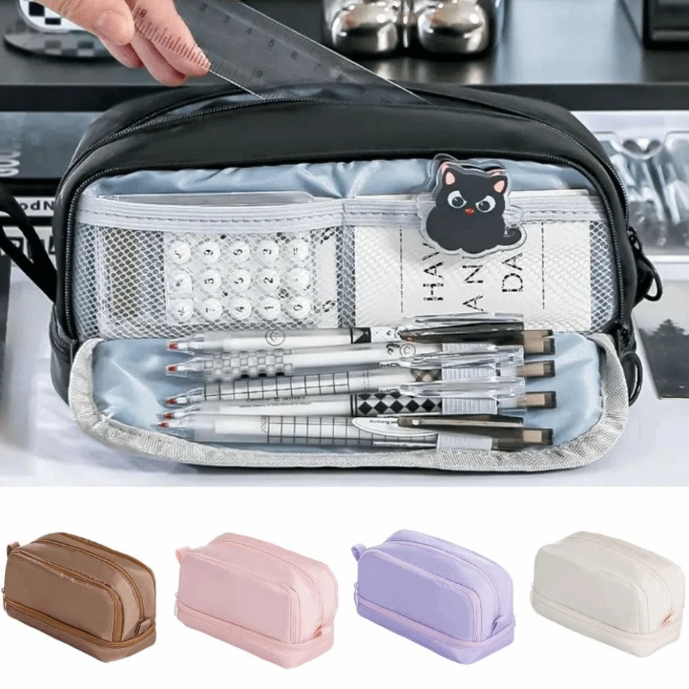 

Minimalist Dual-side Open Pen Bag Zipper Large-Capacity 4 Compartments Pencil Case Durable Organizer