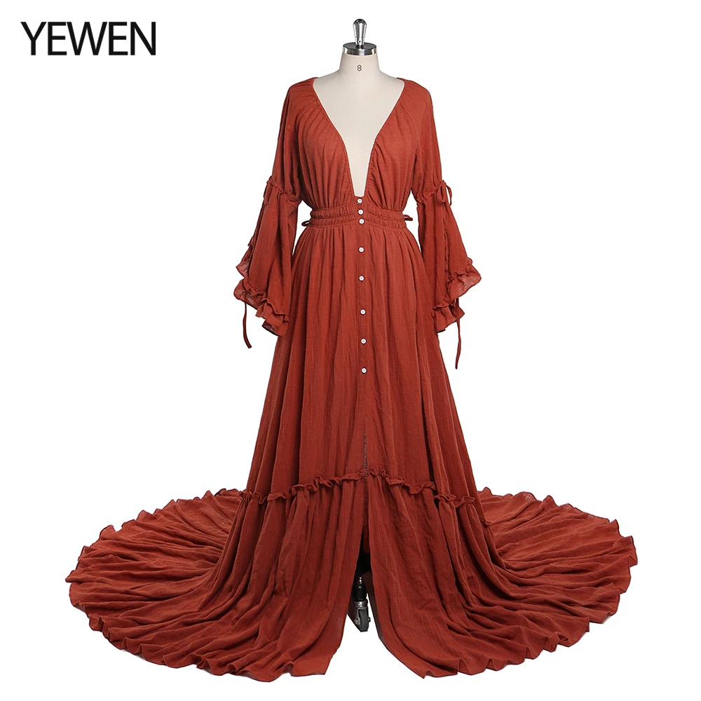 V Neck Front Buttons Stretch Waist Evening Dresses Photography Props Pregnancy Photo Shoots Dress for Baby Shower YEWEN