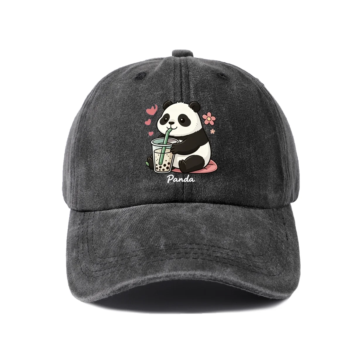 Vintage Washed Panda Bubble Tea Baseball Cap, Adjustable Unisex Dad Hat, Cute Boba Lover Gift