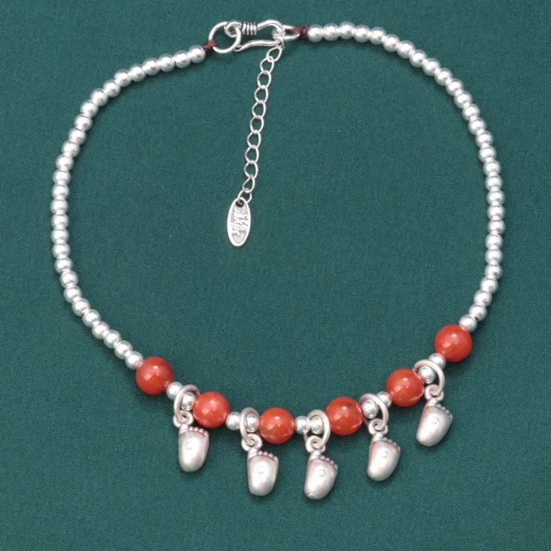 

Ethnic 925 Sterling Silver Round Beads Small Feet shape Anklets for Women Vintage Simple South Red Agate Foot Ornaments JL021