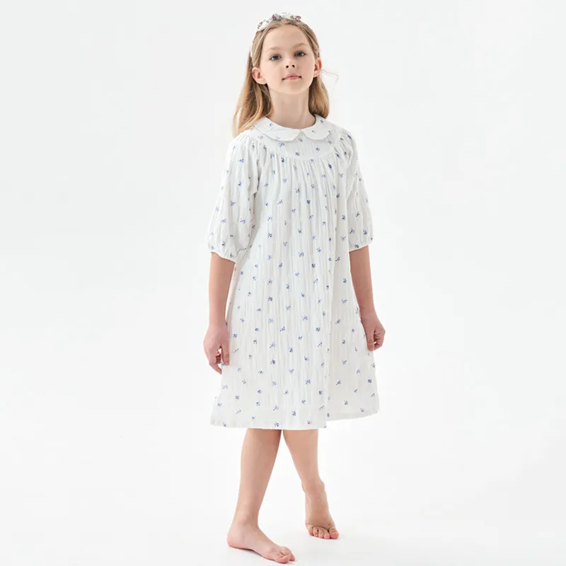 kids girls summer floral print white cotton flare dress 3 to 16 years child teen girl fashion 3/4 sleeve cotton lining dresses