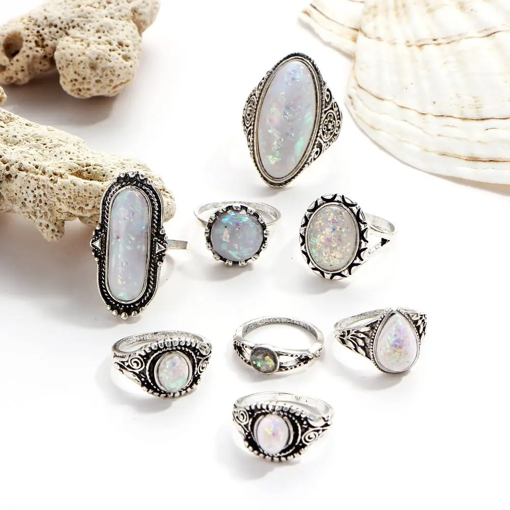 8 Pcs/set Alloy Silver Color Opal Stone Carving Bohemian Jewelry Vintage Women Ring Sets Inset Joint Ring
