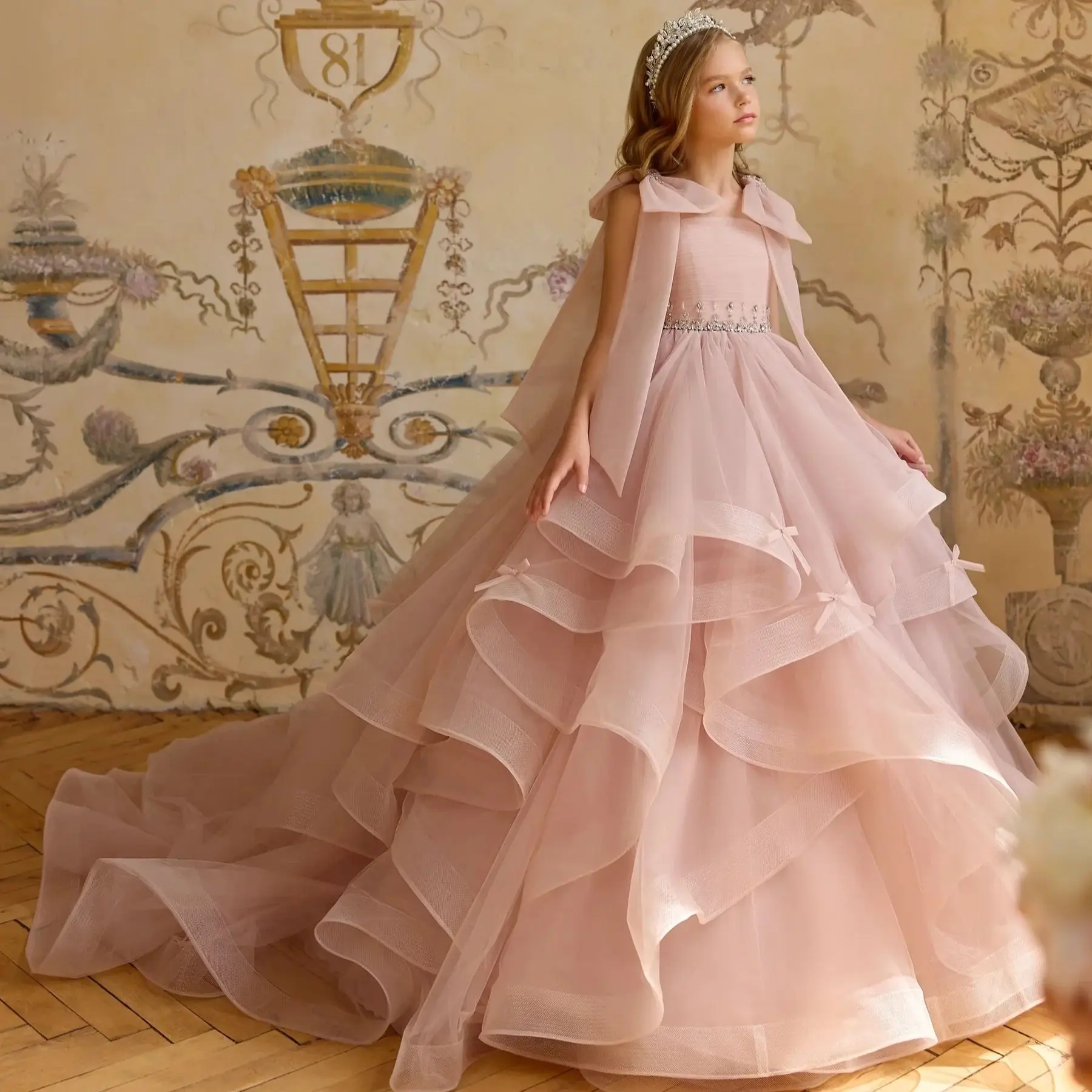 

Pink Flower Girl Dress Puffy Beading Princess Ruffles Kids Birthday Gowns for Party First Communion Dress Customized