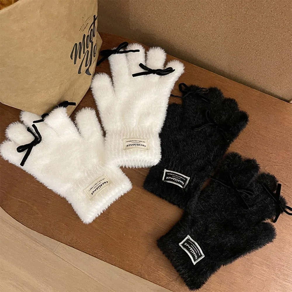 Gants d\'hiver en vison doux pour femmes et filles, mitaines de poignet, arc mignon, monochromatique, blanc, chaud, peluche, tout le doigt,