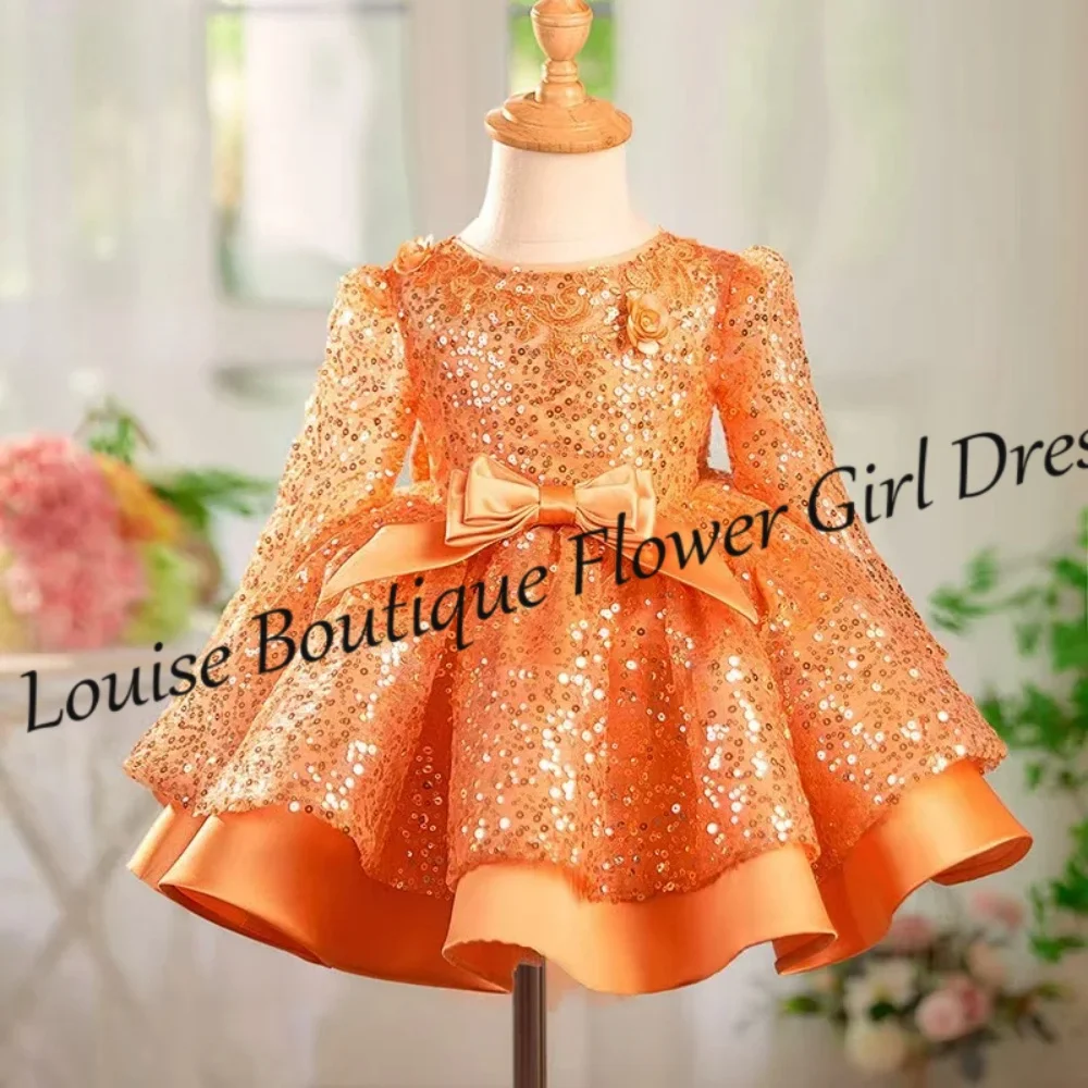 Abito da ragazza di fiore principessa rosa caldo con paillettes A-Line Appliques Abiti a maniche lunghe Abiti da festa di compleanno per prima comunione per ragazze