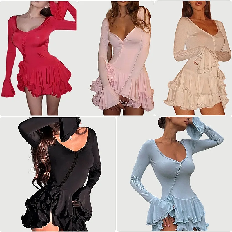 U-Neck Button Dress with Flared Sleeves, Bodycon Dresses for Spring Summer
