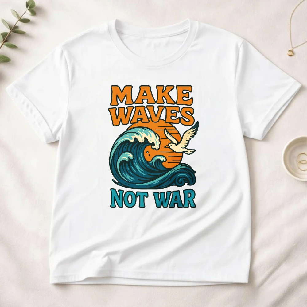 Make Waves Not War Graphic Tee Peace Dove Blue Ocean Retro Sunset Positivity Quote Men Womenc Cotton Shirt Beach Casual T-shirt