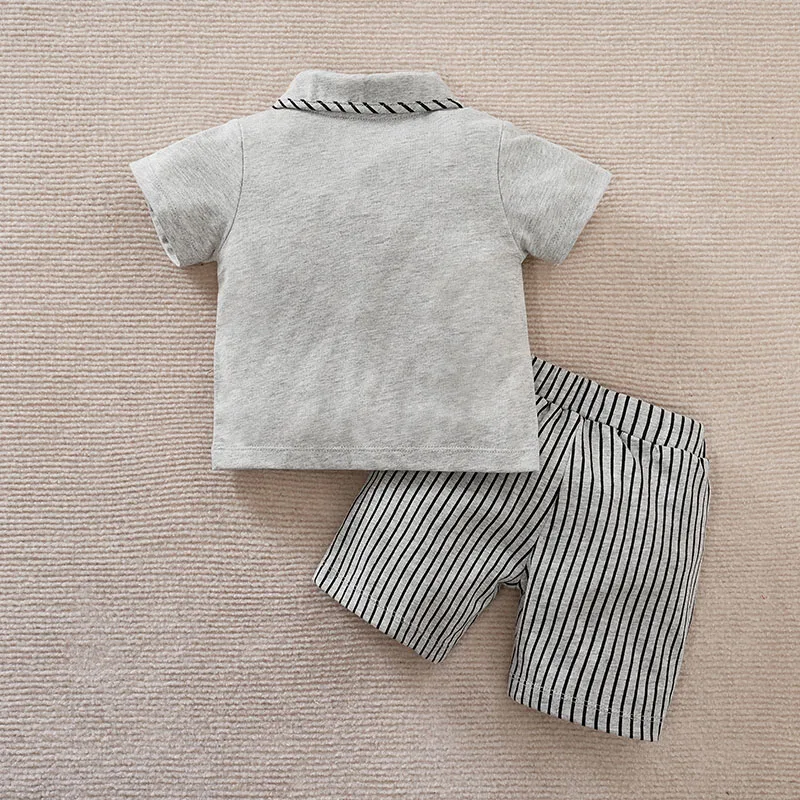 Newborn Baby Boys Set Casual Fashion Vertical Gentleman Bow Comfortable Cotton Grey Short Sleeve Set Summer Baby Two Piece Set