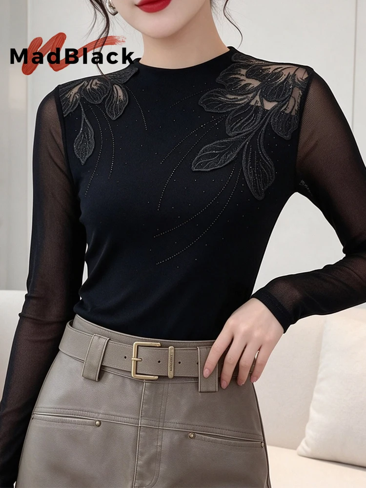 MadBlack-Women European T-Shirt, Sexy Mock Neck Embroidery Diamond, Korean Long Sleeve Slim Knit S-3XL Tee, 2026 Autumn T6O572CC