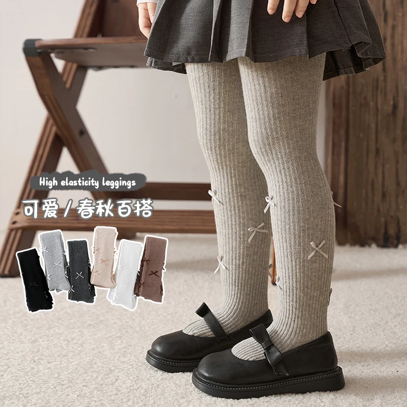 Lovely Infant Baby Girls Spring Autumn Pantyhose Vertical Stripe Pattern Multi Bow Details Big PP Soft Breathable Daily Leggings
