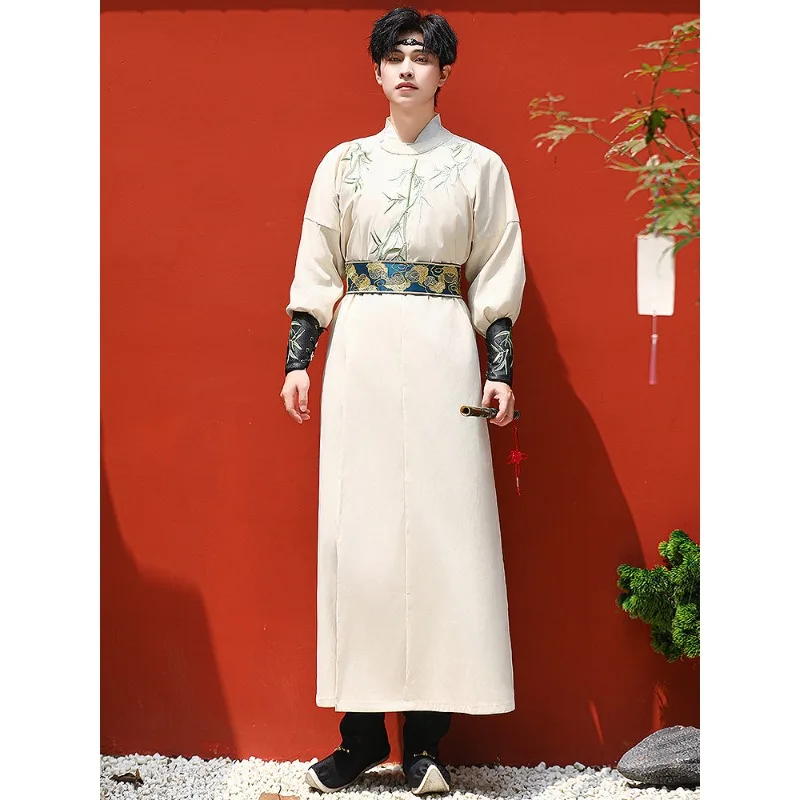 Ancient Hanfu Men's Chinese Style Green Bamboo Embroidered Ming Crew Neck Robe Set Knight Flying Fish Suit