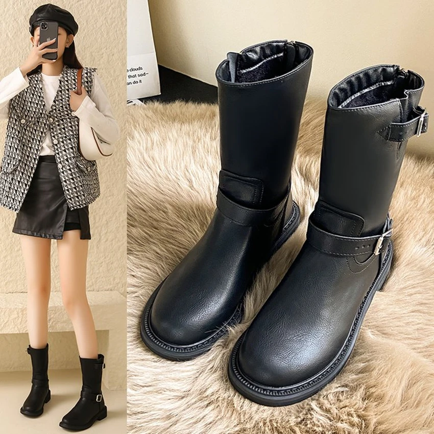 

2025 New Black White Women's Winter Short Boots Velvet Chelsea Lolita Mid Calf Platform Ankle Rubber Kawaii Designer knight boot